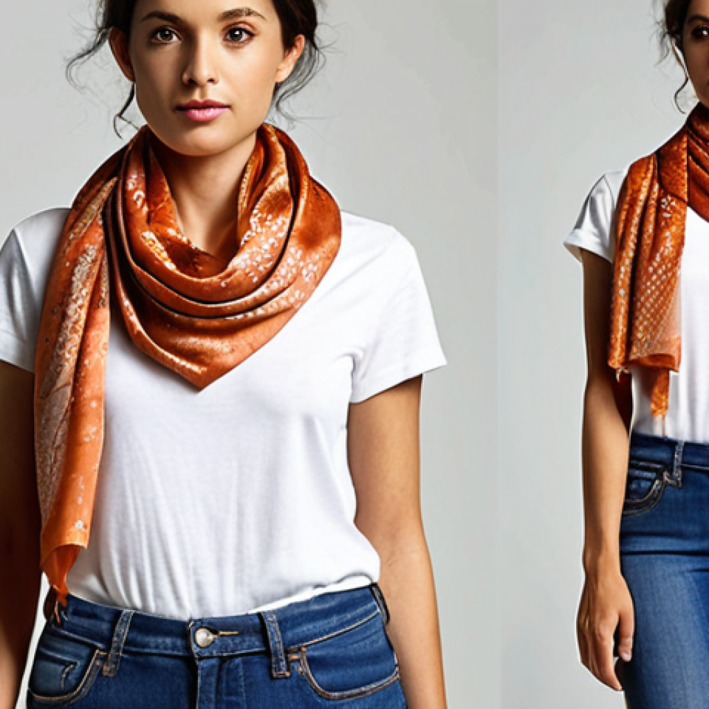 **

Prompt: A woman wearing a plain outfit (jeans and a t-shirt) transformed by a silk scarf. The scarf is draped elegantly, adding a touch of sophistication. Focus on the scarf's pattern and how it elevates the overall look. Style: Fashion photography, bright lighting, emphasizing texture and detail.

**