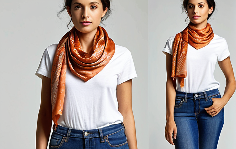**

Prompt: A woman wearing a plain outfit (jeans and a t-shirt) transformed by a silk scarf. The scarf is draped elegantly, adding a touch of sophistication. Focus on the scarf's pattern and how it elevates the overall look. Style: Fashion photography, bright lighting, emphasizing texture and detail.

**